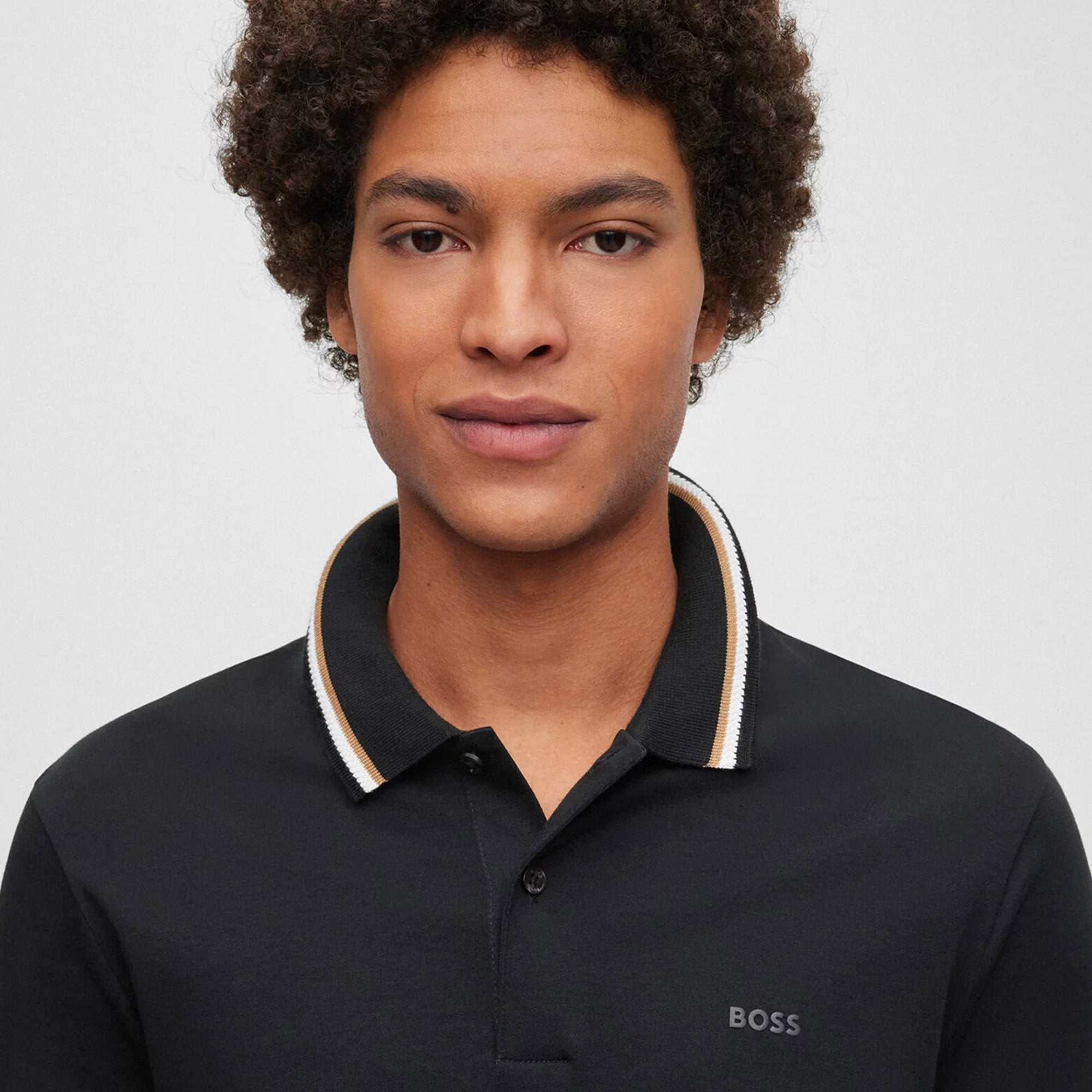 Hugo Boss Mens Striped Collar Polo Shirt Black