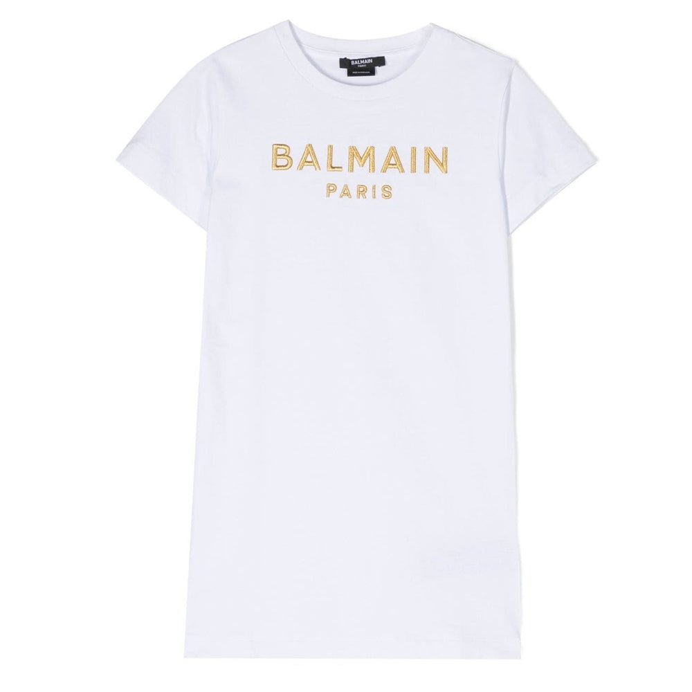 Balmain Girls Embroidered Gold Logo Dress White - Balmain KidsDresses