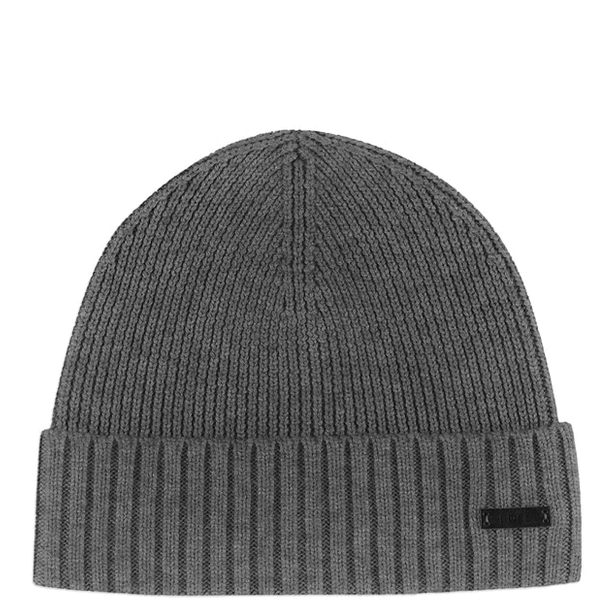Hugo Boss Mens Metal plate Logo Beanie Grey