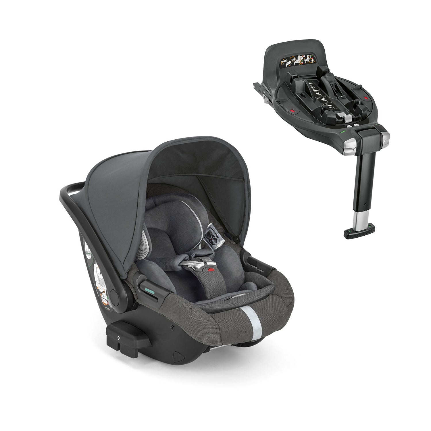 Aptica System Velvet Grey, chassis color Palladio, car seat Darwin Infant Recline and 360° i-Size base