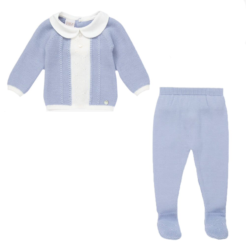 Paz Rodriguez Unisex 2 piece Knitted Babygrow Blue