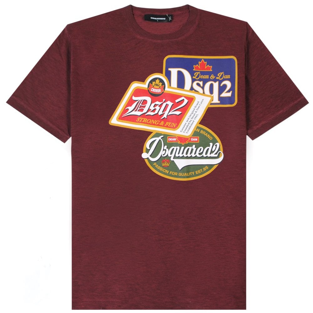 DSquared2 Men&#39;s Printed Badge Logo T-Shirt Burgundy