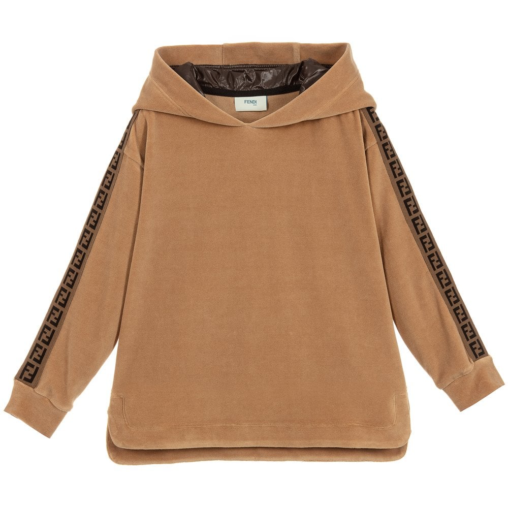 Fendi Boys Velvet Velour Logo Hoodie Beige