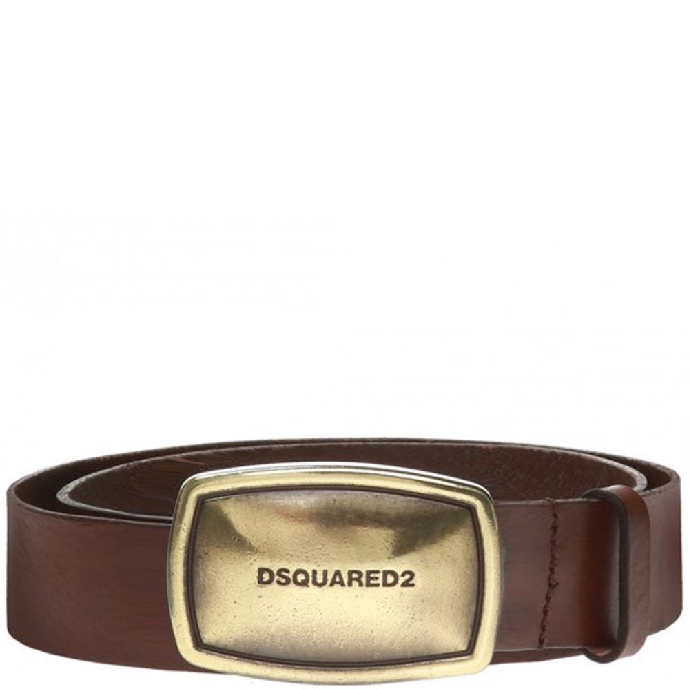 DSquared2 Men&#39;s Gold Business Plaque Belt Brown