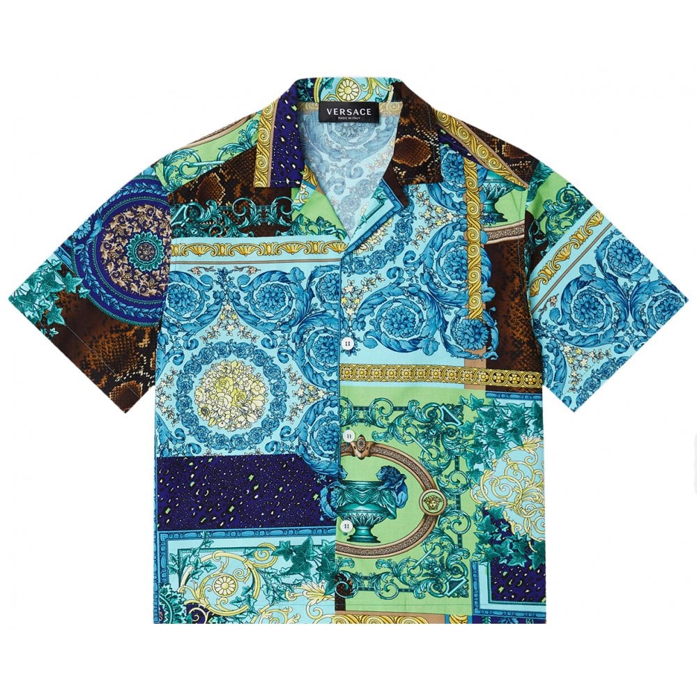 Versace Boys Barocco Patchwork Print Shirt Blue