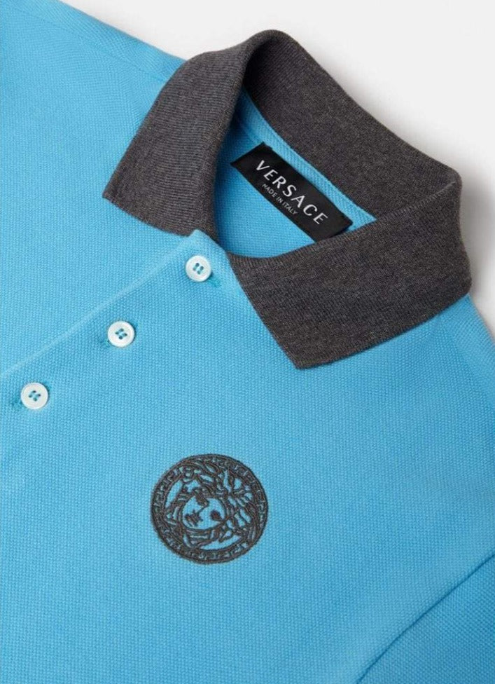 Versace Boys Medusa Embroidered Polo Shirt Blue