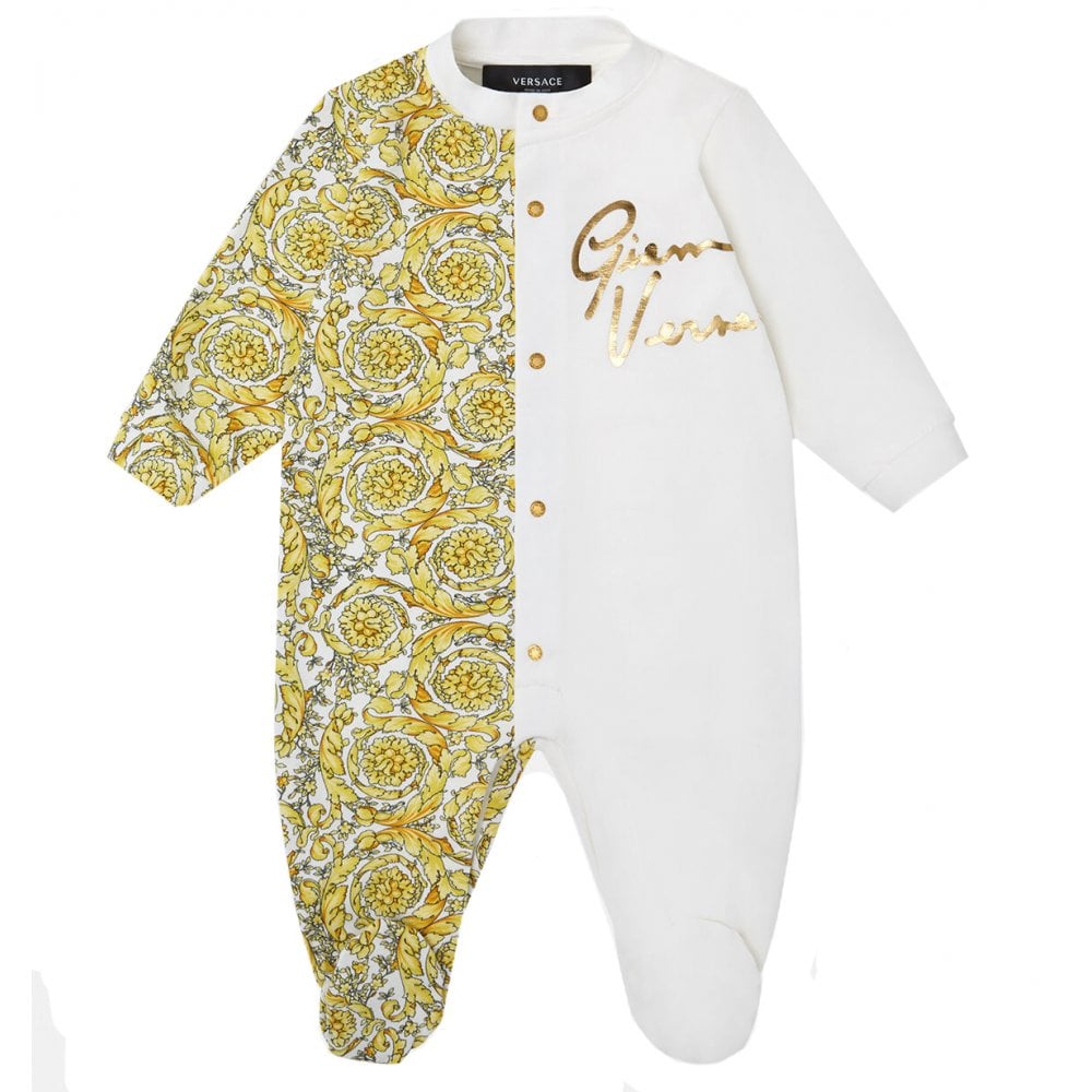 Versace Baby Boys Barocco Print Baby-Grow White &amp; Gold