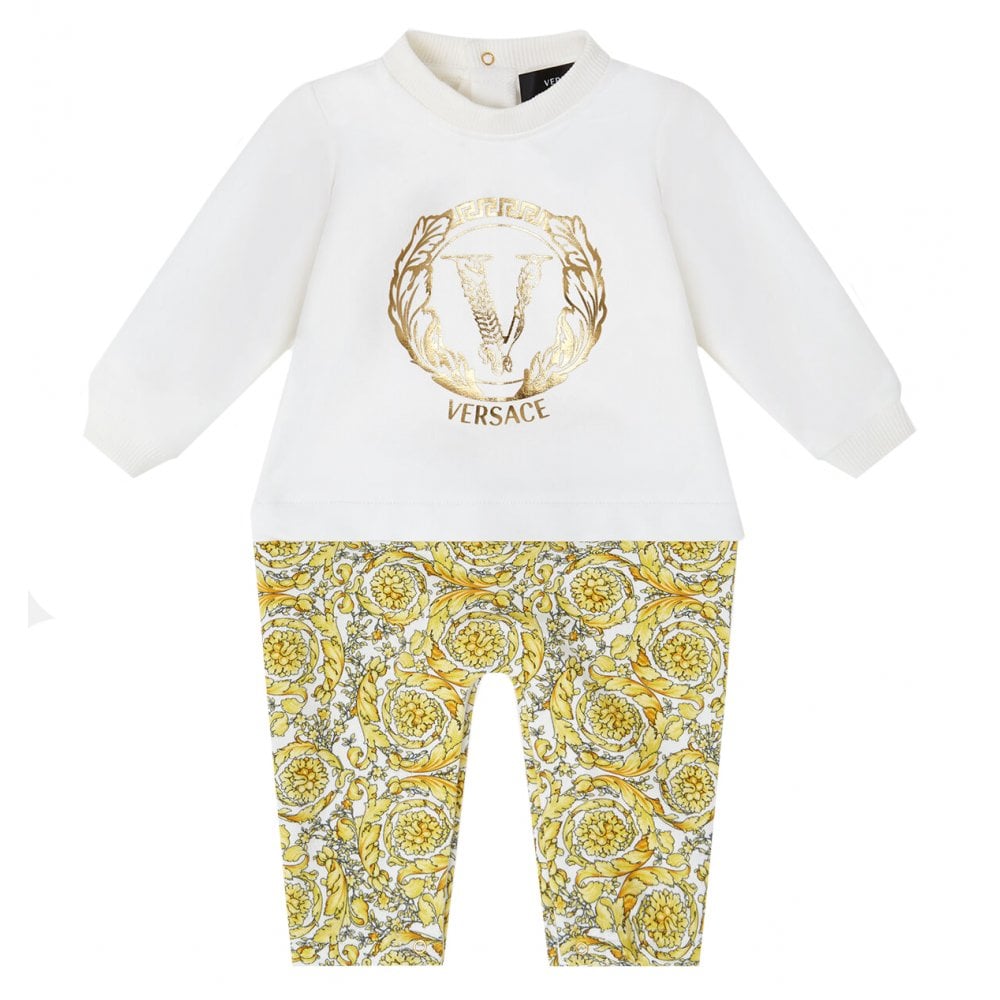 Versace Boys Barocco Print Baby-Grow White &amp; Gold