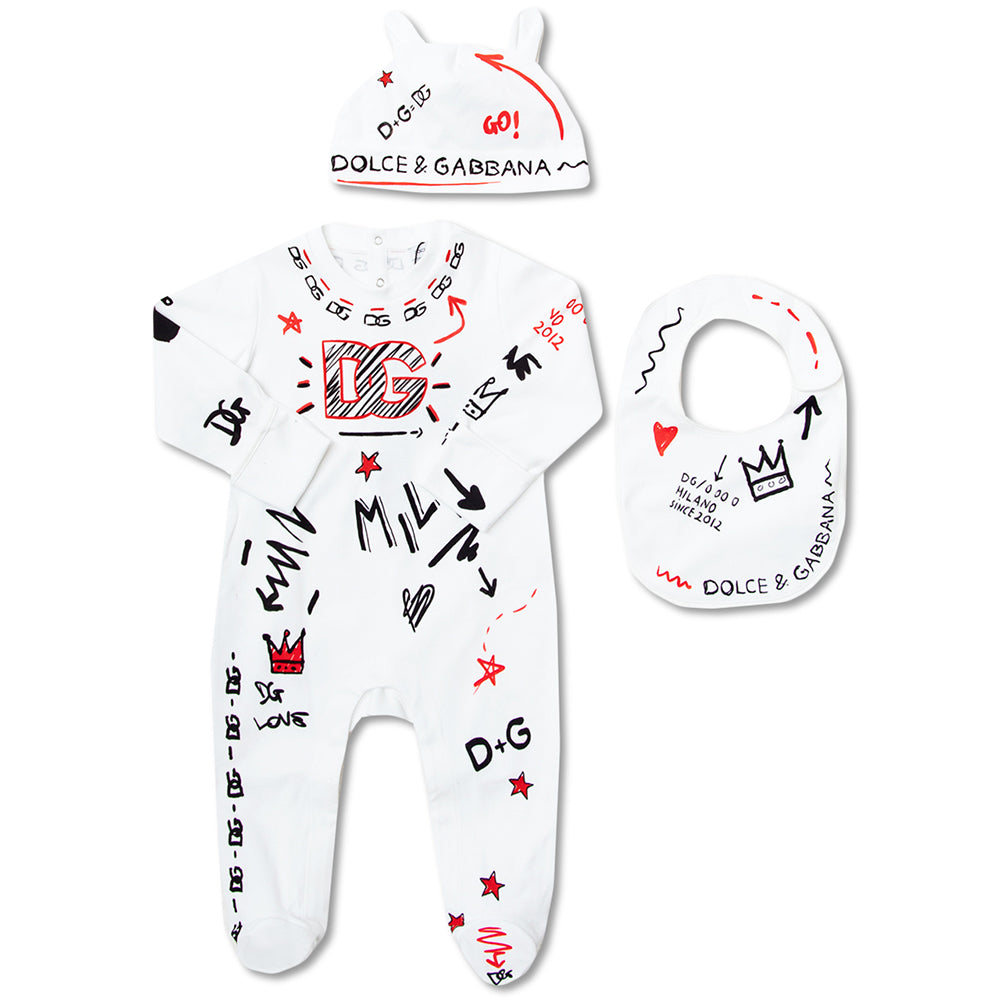 Dolce &amp; Gabbana Baby Boys Onesie Bib &amp; Hat Set White