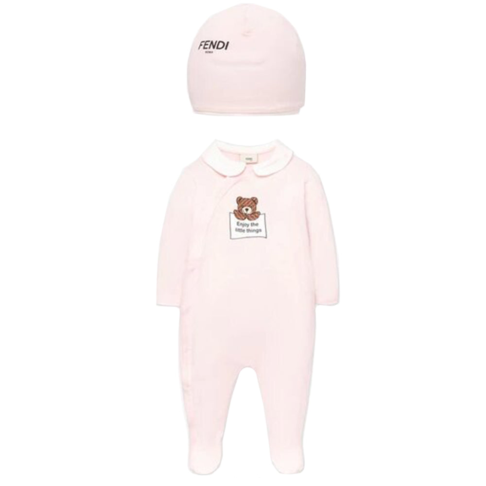 Fendi Baby Girls Bear Logo Babygrow And Hat Set Pink