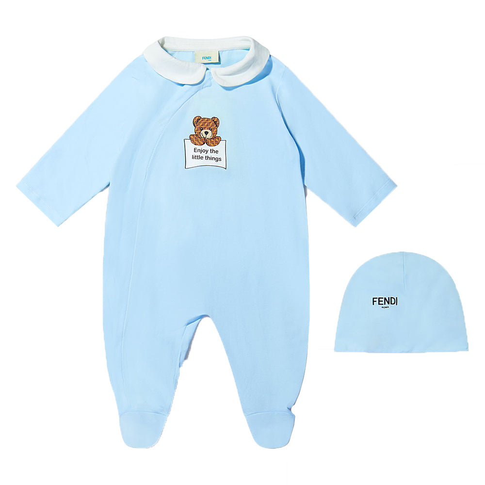 Fendi Baby Boys Bear Logo Babygrow And Hat Set Blue