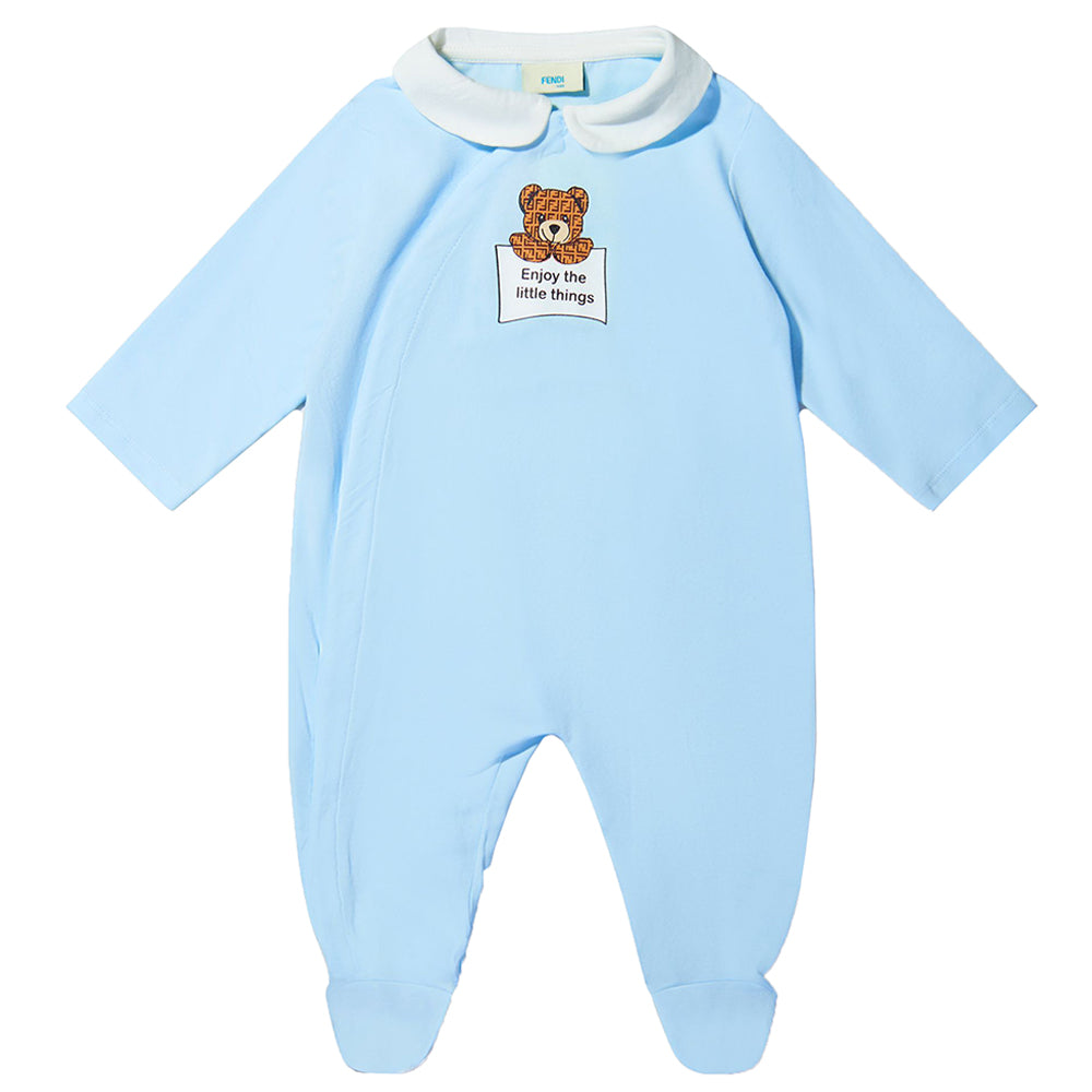 Fendi Baby Boys Bear Logo Babygrow And Hat Set Blue