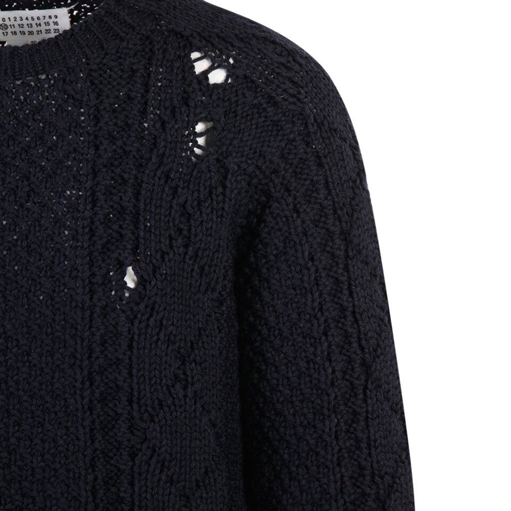 Maison Margiela Mens Distressed Cable Knit Jumper Navy