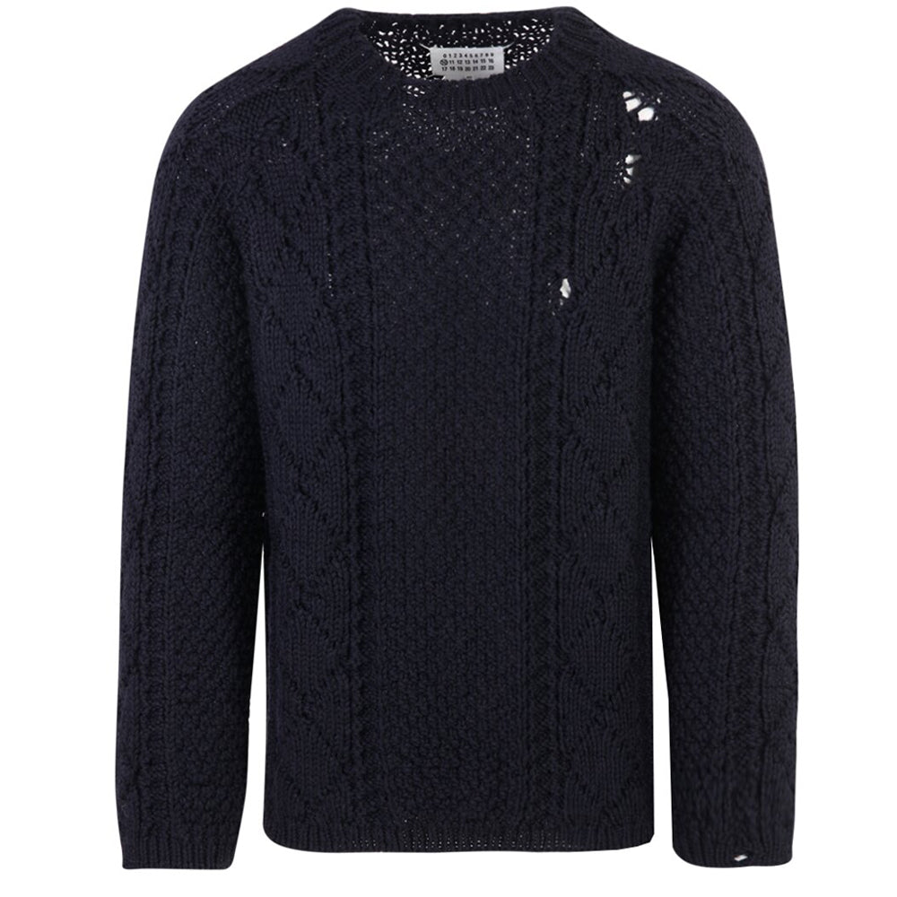 Maison Margiela Mens Distressed Cable Knit Jumper Navy