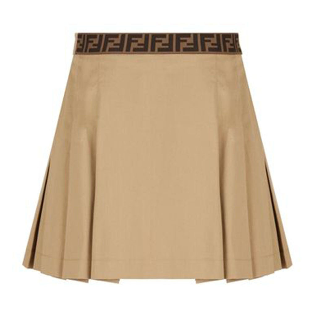 Fendi Girls Button Detailed Pleated Skirt Beige