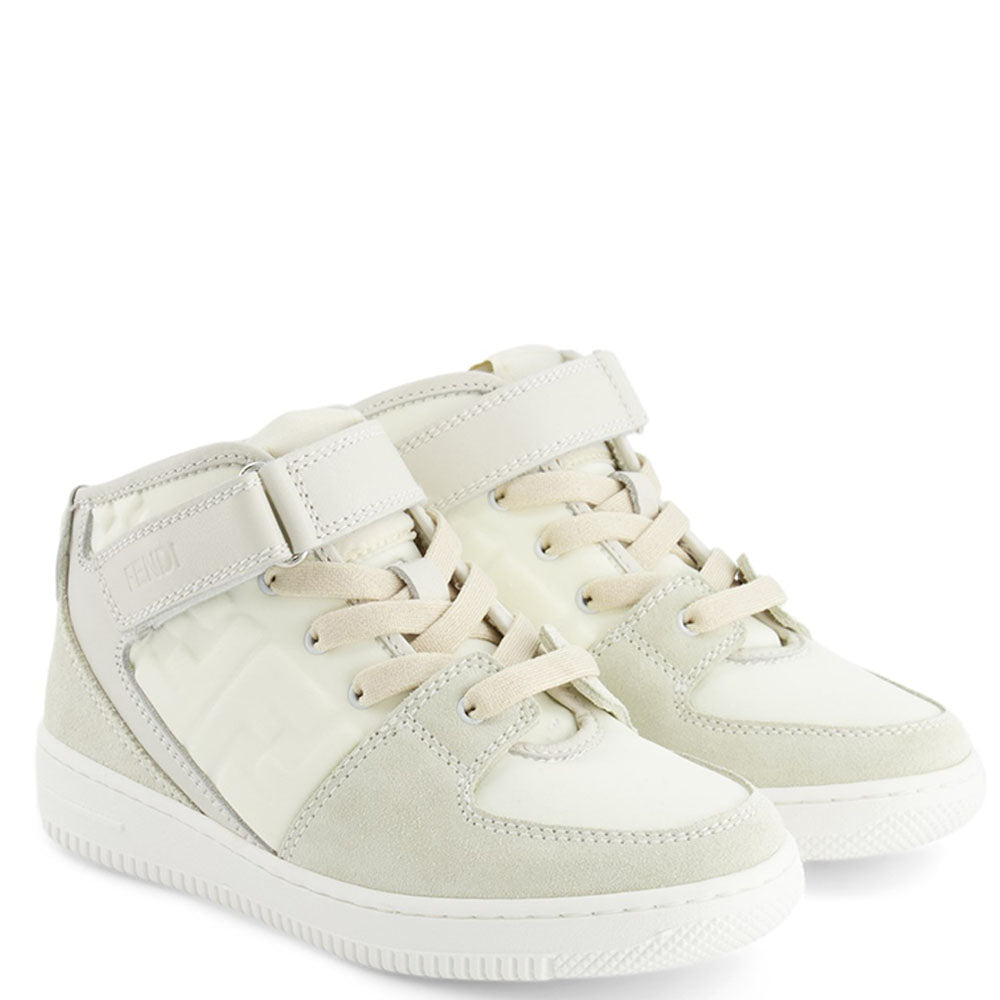 Fendi Kids Unisex vory Faux Leather High-Top Sneakers White