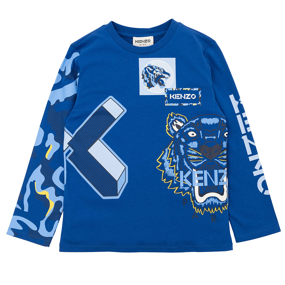 Kenzo Boys K And Tiger Logo T-Shirt Blue