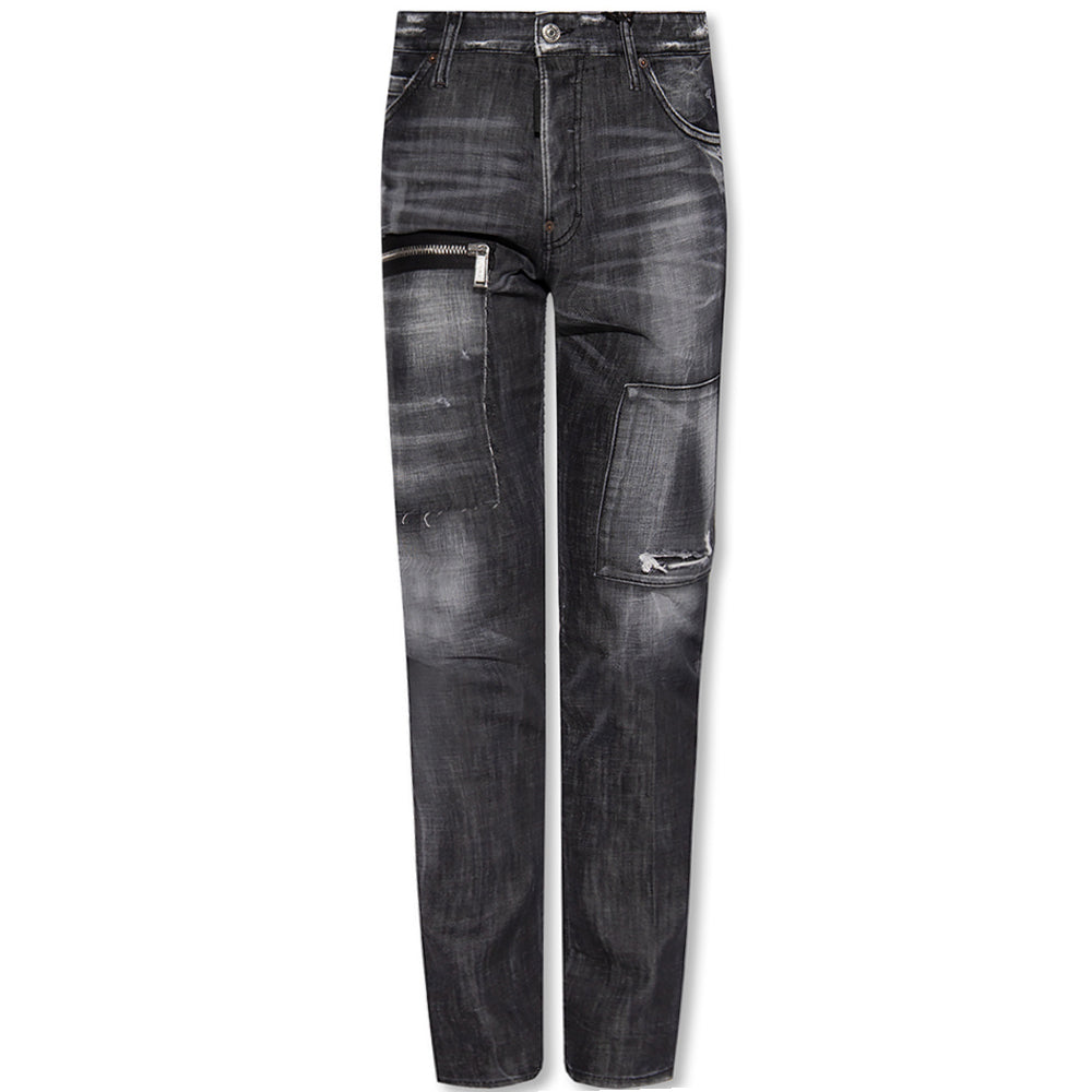 Dsquared2 Mens Knee Zip Patch Jeans Black