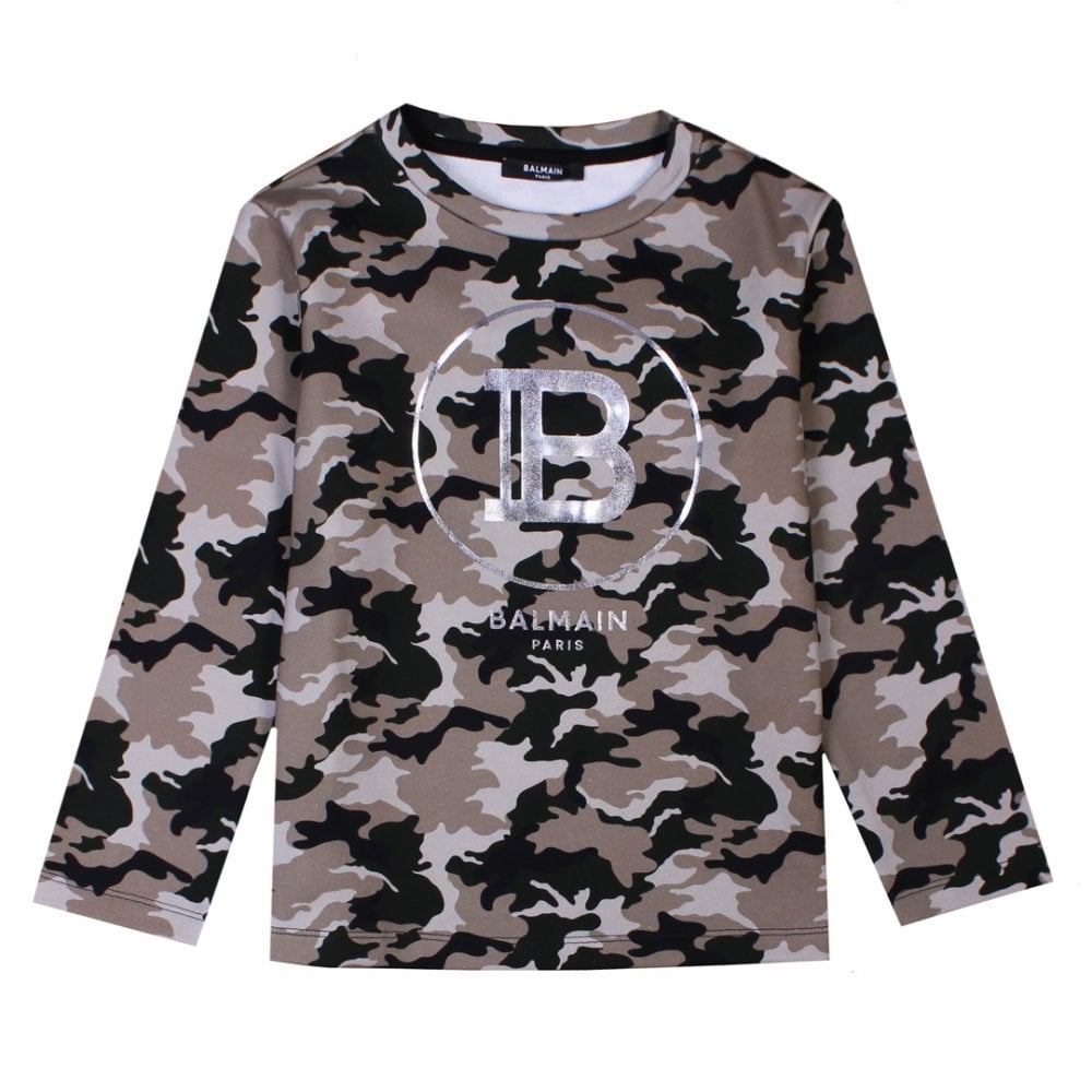 Balmain Boys Camo Logo Sweatshirt Brown - Balmain KidsSweaters