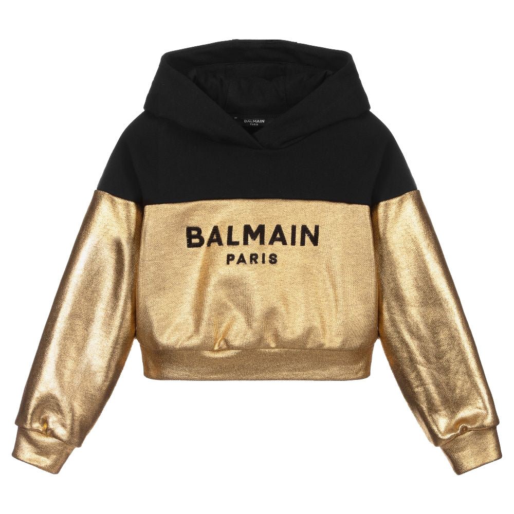 Balmain Girls Cropped Half & Half Hoodie Black & Gold - Balmain KidsHoodies