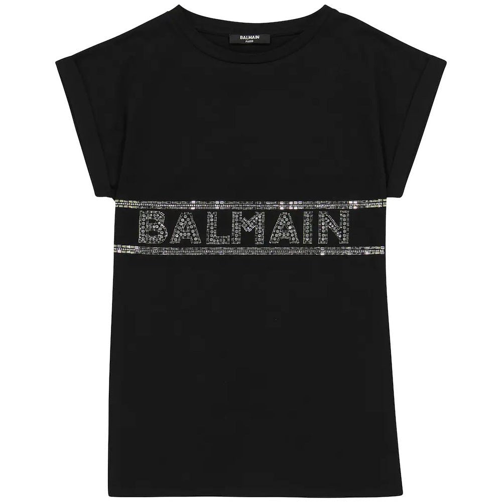 Balmain Girls Crystal Embellished Logo T-Shirt Dress Black - Balmain KidsDresses