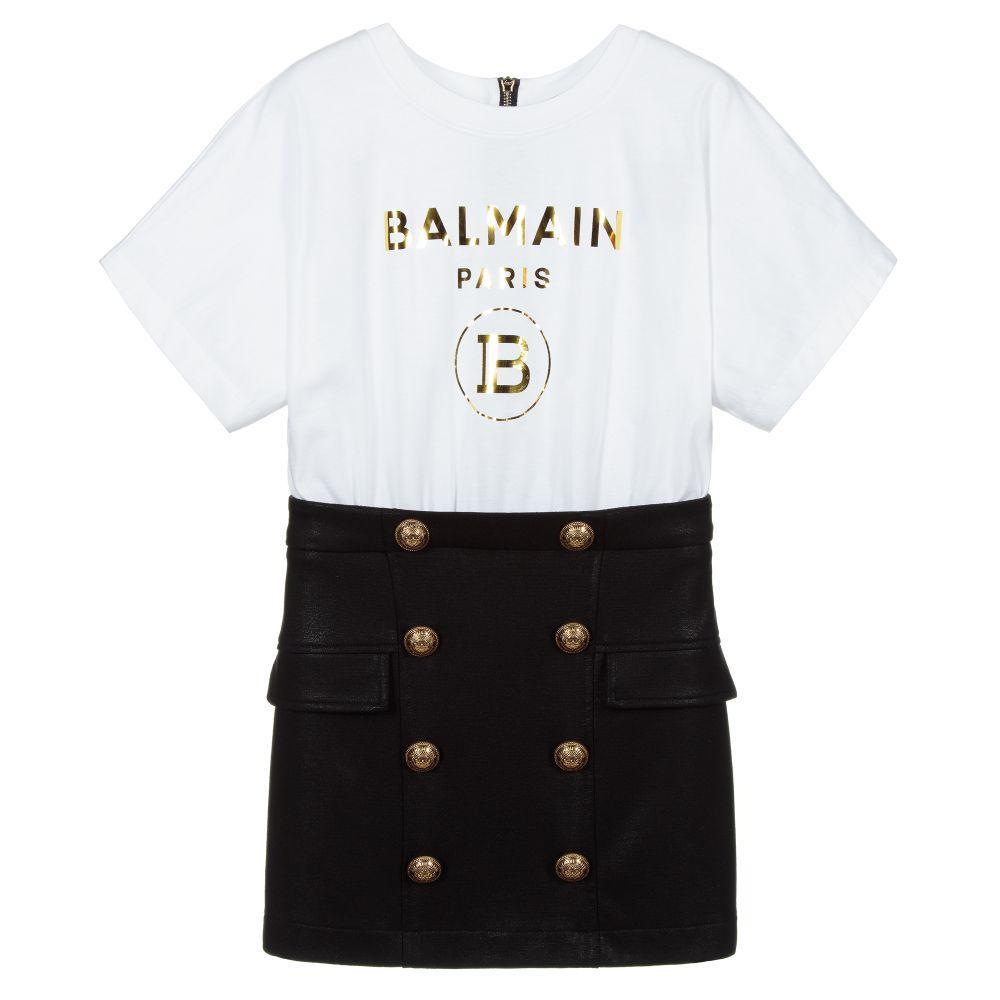 Balmain Girls Gold Foil Logo Dress White - Balmain KidsDresses