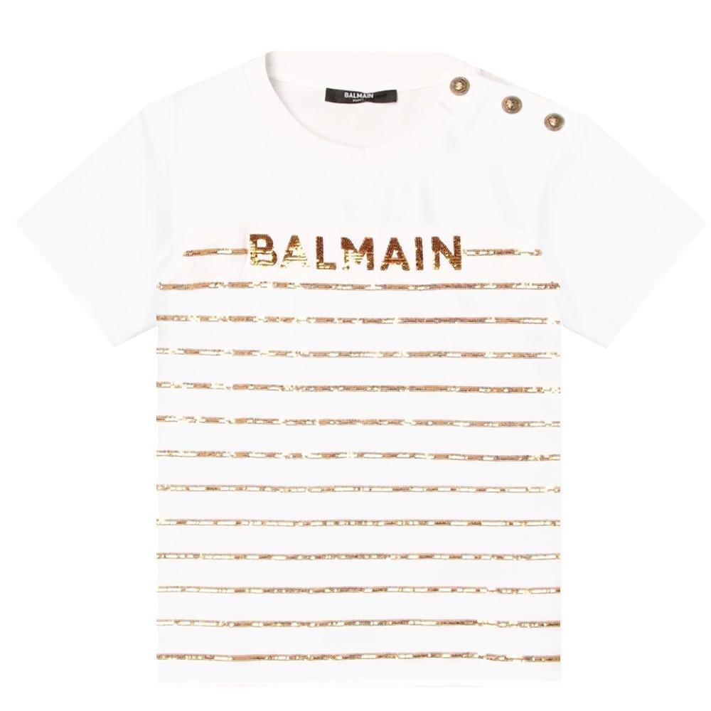 Balmain Girls Gold Stripe T-Shirt White - Balmain KidsT-shirts