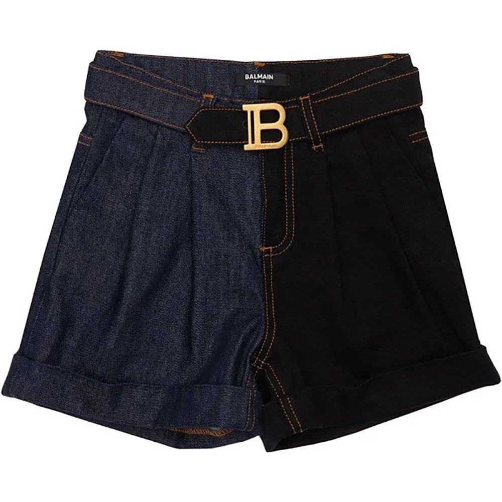 Balmain Girls Half &amp; Half Denim Buckle Shorts Black &amp; Navy - Balmain KidsShorts