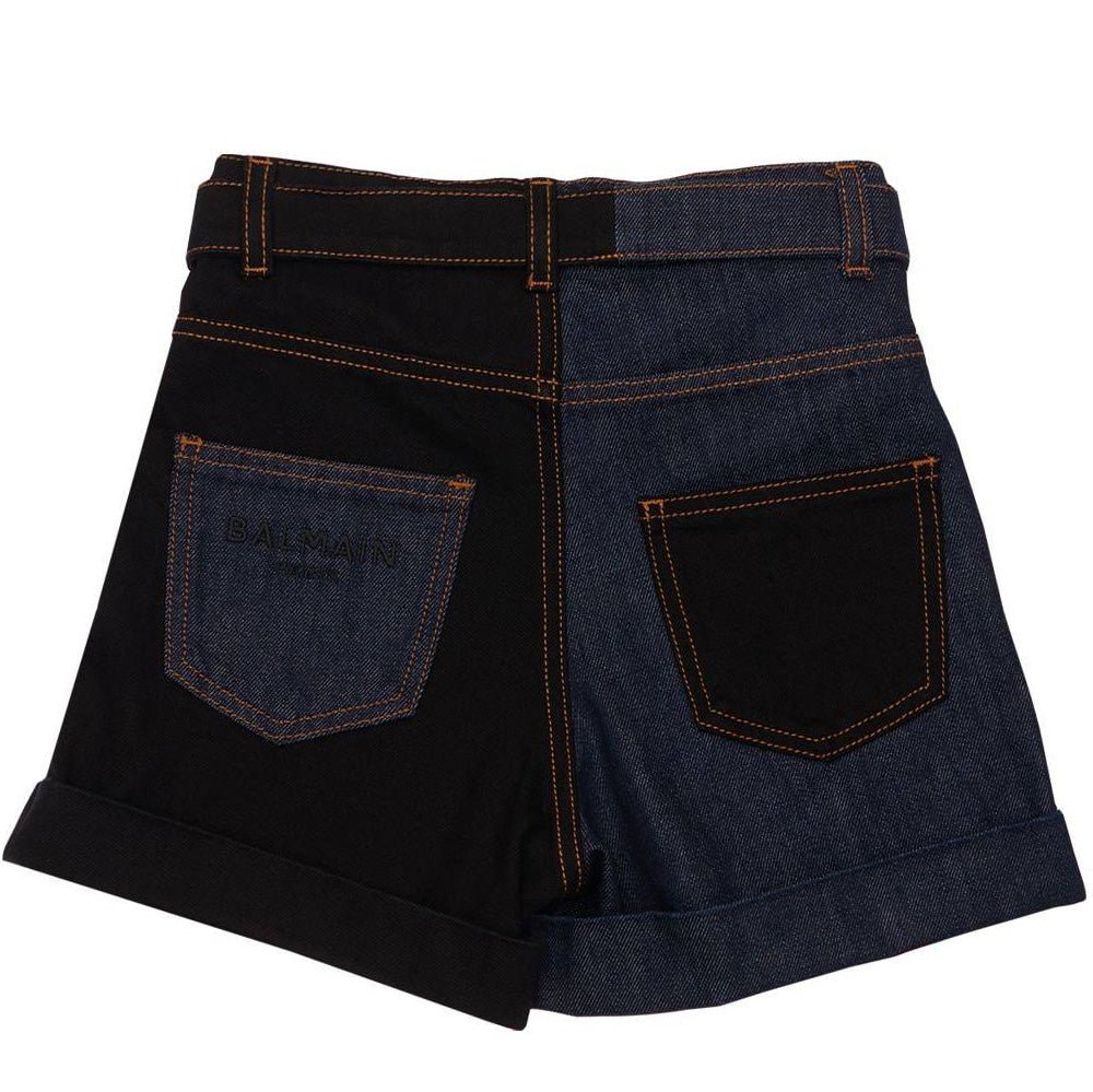Balmain Girls Half & Half Denim Buckle Shorts Black & Navy - Balmain KidsShorts