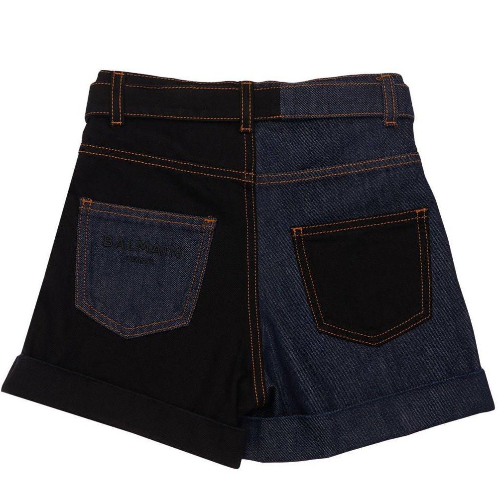 Balmain Girls Half &amp; Half Denim Buckle Shorts Black &amp; Navy - Balmain KidsShorts