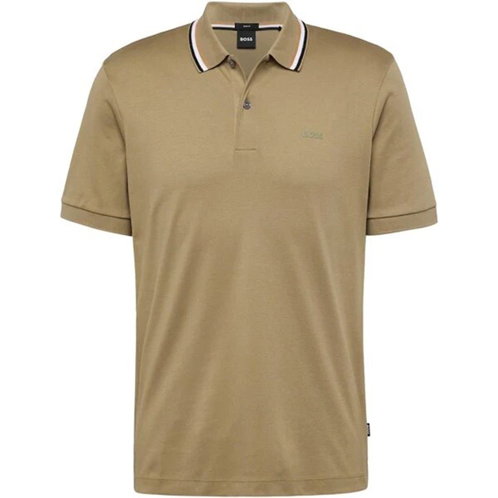 Boss Mens Striped Collar Polo Khaki - BossPolos