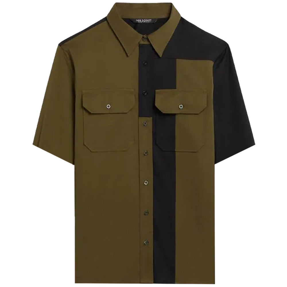 Neil Barrett Men&#39;s Abstract Colour-block Cotton Shirt Khaki