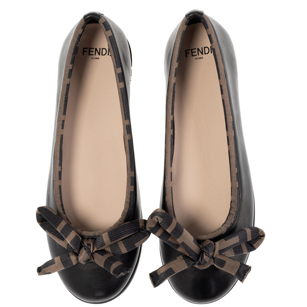 Fendi Girls FF-motif bow-detail ballerina shoes Black